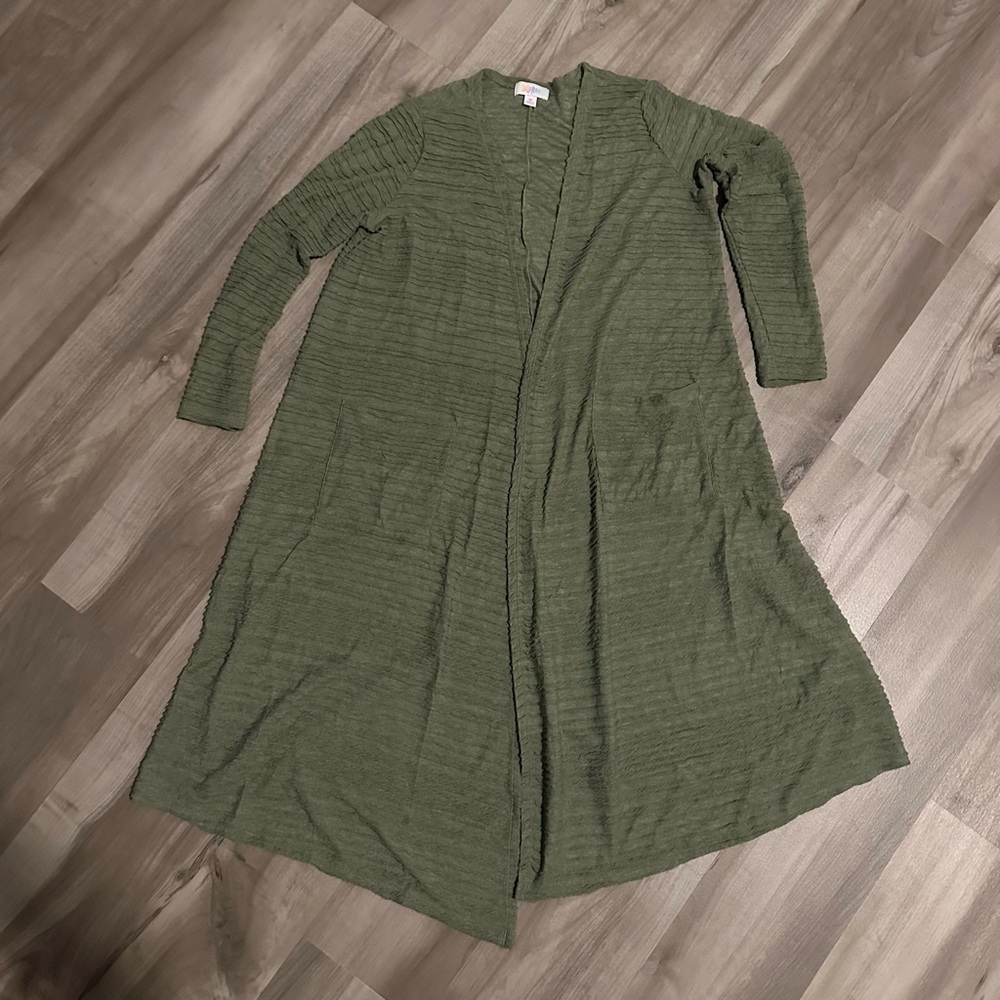 LuLaRoe Sarah Duster Cardigan Green, Ribbed/Textured Material, Size Medium